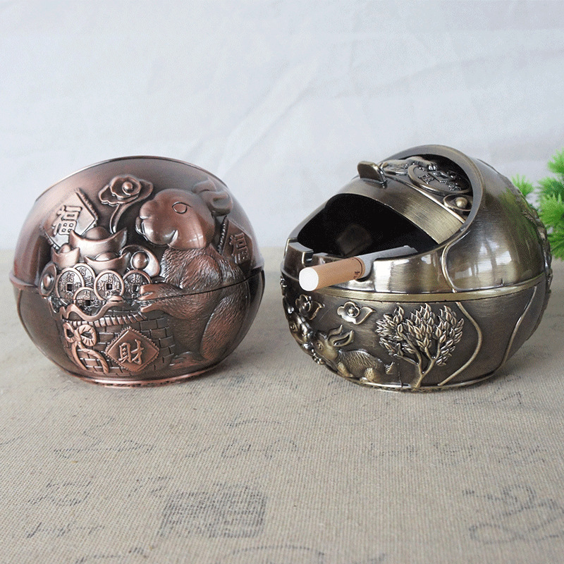 Spherical Jade Hare God of Wealth Ashtray Metal Manufacturing Texture Windproof Smoke-Proof Gift Birthday Gift Decoration Craft