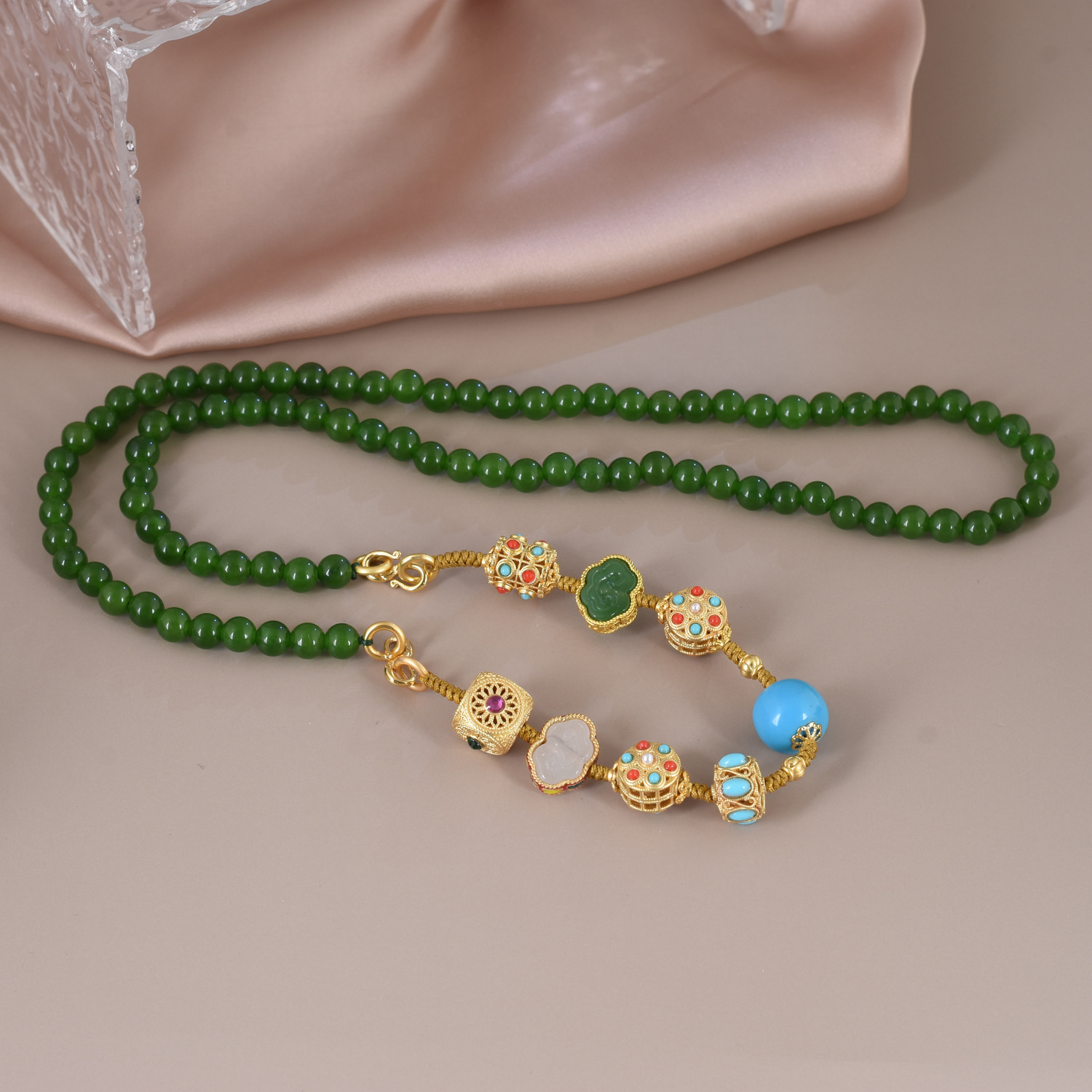 新中式祖母绿圆珠绿松石玛瑙祥云长款项链一款多戴毛衣链配饰女