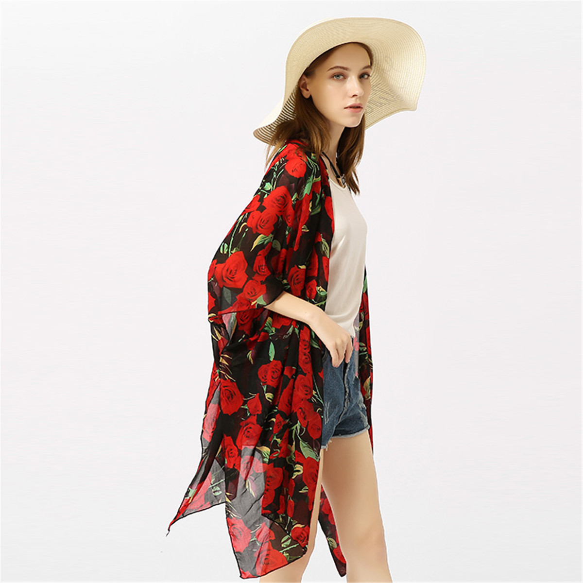 跨境热卖春夏季欧美风短款雪纺沙滩罩衫防晒遮阳和服开衫