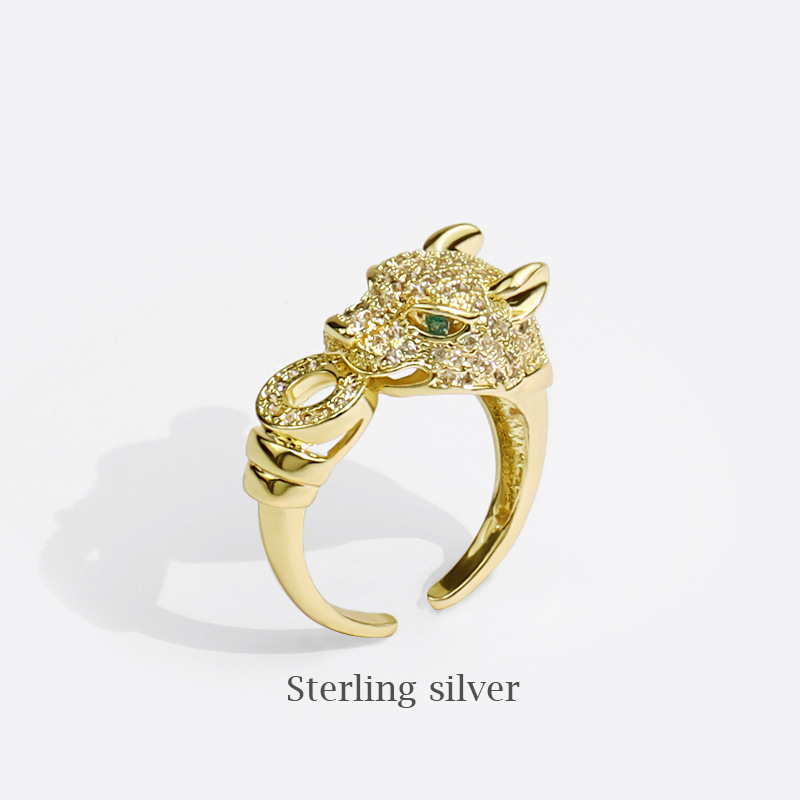 高级感欧美镶钻锆石好运猎豹戒指男女 设计感时尚开口戒复古指环