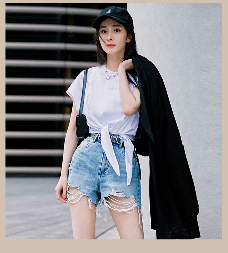 明星杨幂同款纯色裤套装 2021新款夏破洞不规则蝴蝶结牛仔超短裤