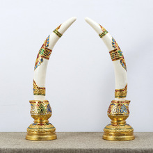 泰国手工木雕贴金箔彩玻象牙摆件 东南亚风格会所玄关桌面装饰品