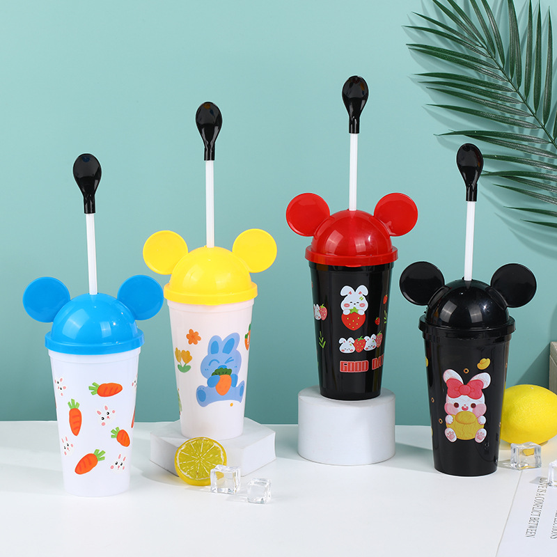 Cross-Border Hot Selling Cute Mickey Straw Water Cup Cartoon Good-looking Plastic Water Cup Household Children Plastic Cup in Stock