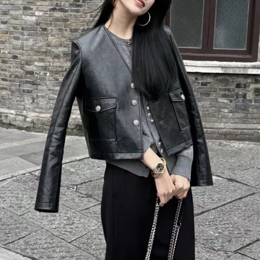 行走的气质 随性洒脱 fab风春季新款无领做旧黑色短款皮衣夹克女