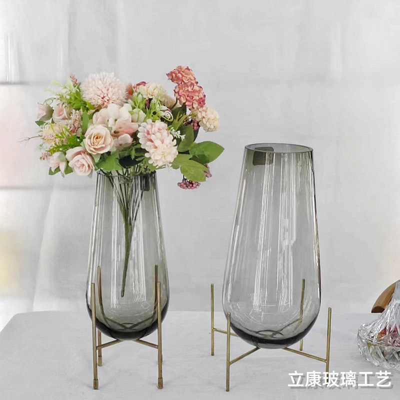 Simple Creative Iron Waist Drum Glass Vase Living Room Hotel Home Flower Arrangement Hydroponic Flower Art Decoration