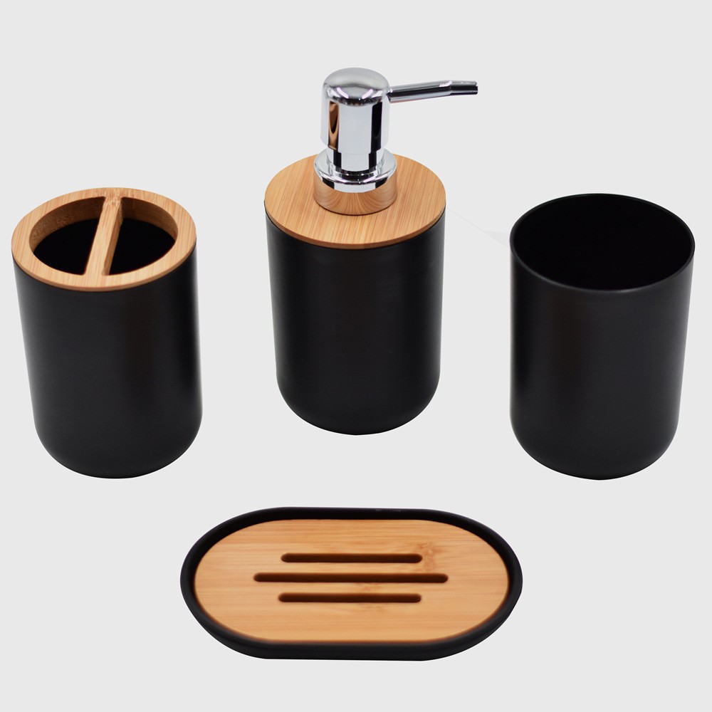 Customized Hotel Bathroom Bathroom Supplies Bamboo Wood Storage Bottle Trash Can Toothbrush Holder Bathroom 6-Piece Set Pack