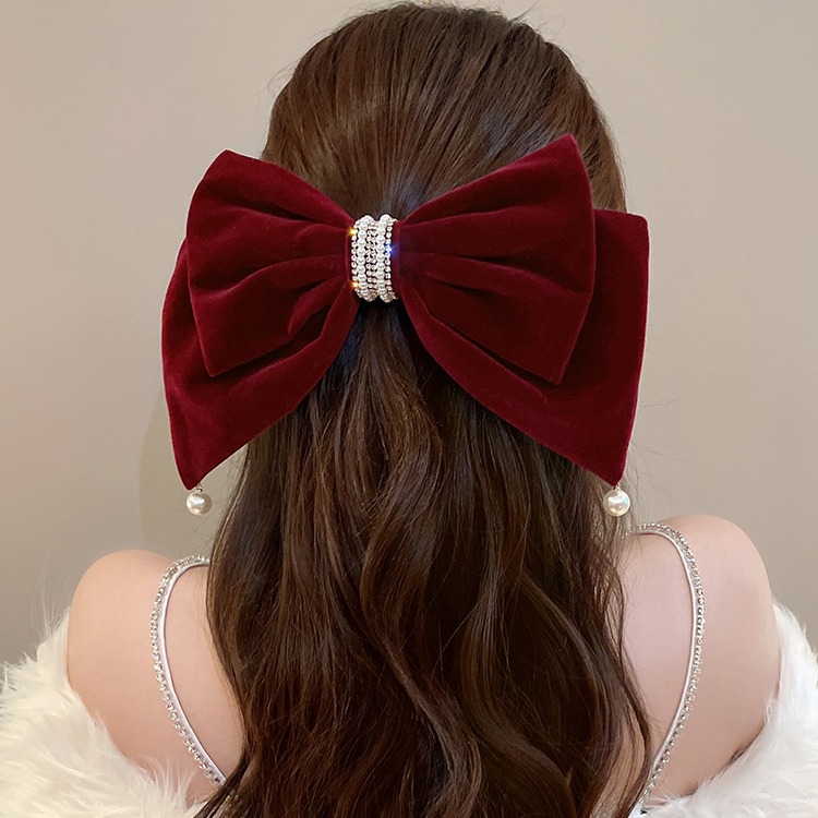 Red Velvet Oversized Bow Hanging Beads Hairpin Female Back Head Top Clip Hairpin High-Grade Temperament Headdress Hair Accessories