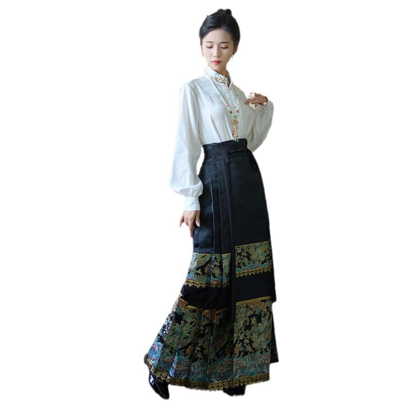 New Chinese Style Women's Clothing Japanese Changming Hanfu Embroidered Shirt Woven Gold Horse-Face Skirt Real Shot Original Women's Han Chinese Clothing New Chinese Style