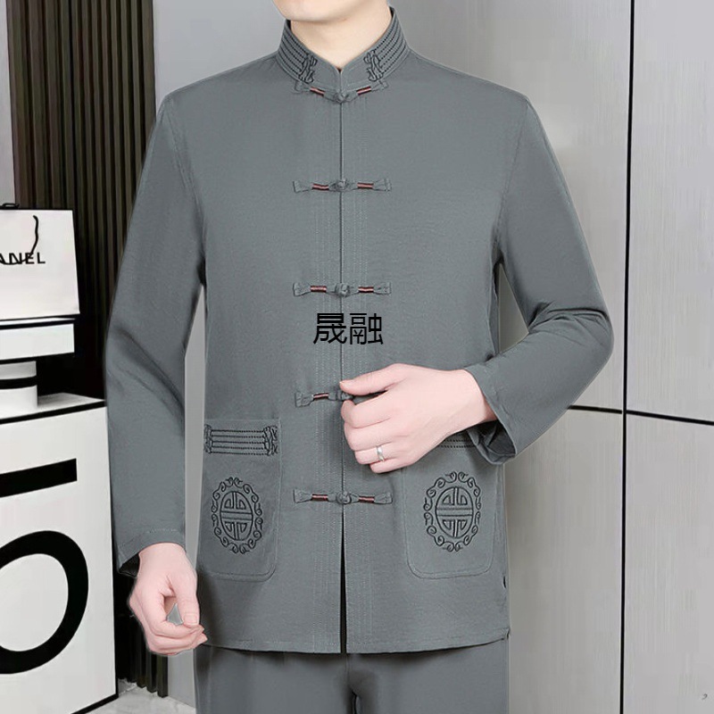 hx唐装男中老年爸爸夏装套装中国风棉麻男装爷爷春秋季汉服老人衣