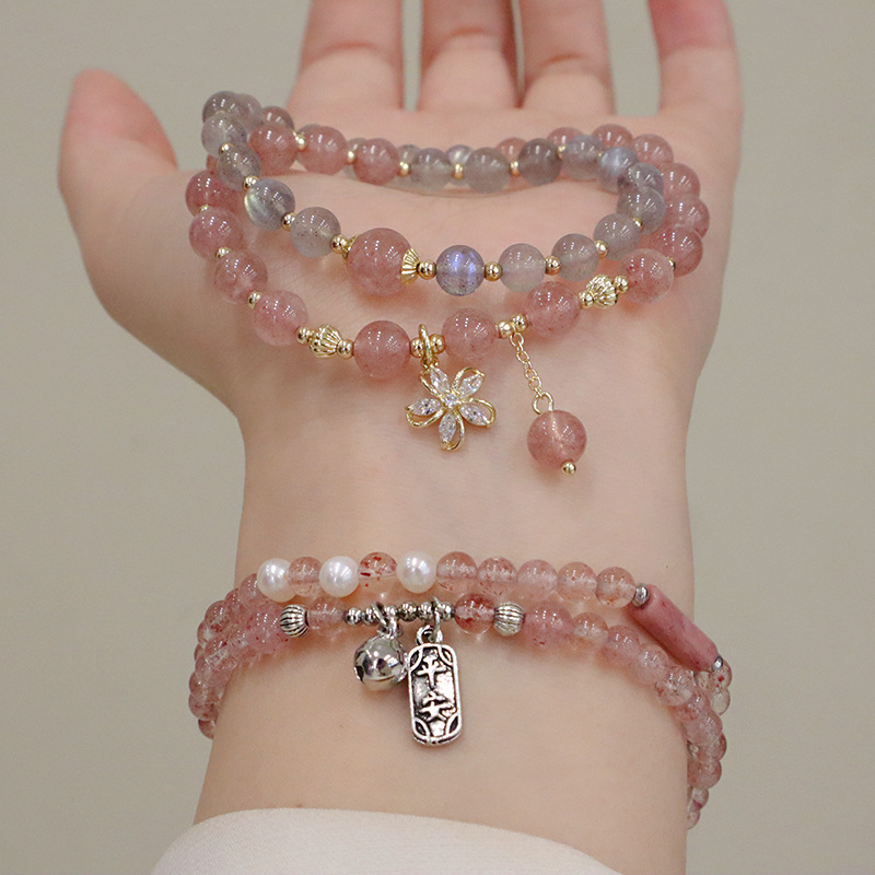 natural strawberry quartz bracelet double circle moonstone sweet fresh step by step bracelet simple high sense bracelet