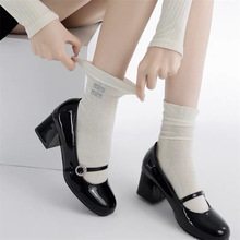 夏季袜子女白色中筒薄款堆堆袜miu风纯色刺绣长袜棉镂空网眼简约