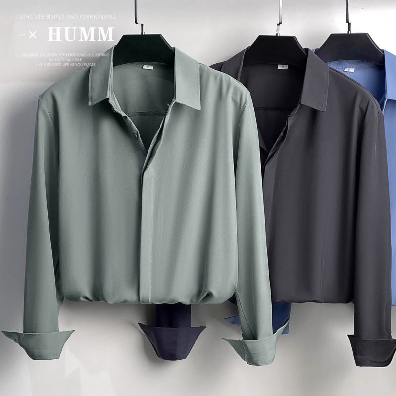 轻奢长袖衬衫男春秋款休闲纯色衬衣男士高级垂感上衣轻熟风白寸衣