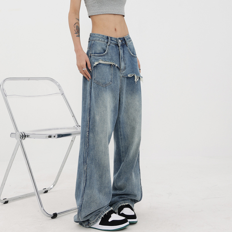Ken Studio Design Sense Retro Wide Leg Jeans for Women 2023 Spring and Summer New High Waist Straight Mop Pants