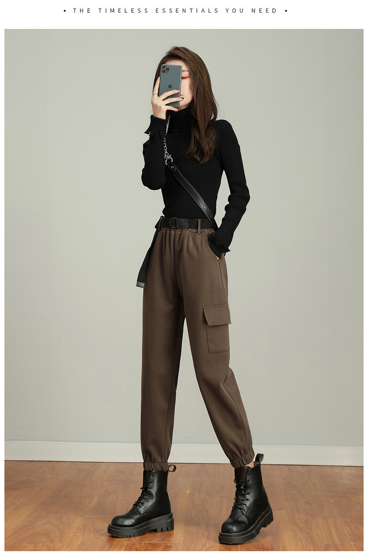 搭配马丁靴的咖色毛呢工装女束脚裤秋冬加厚2020新款萝卜毛尼缩腿