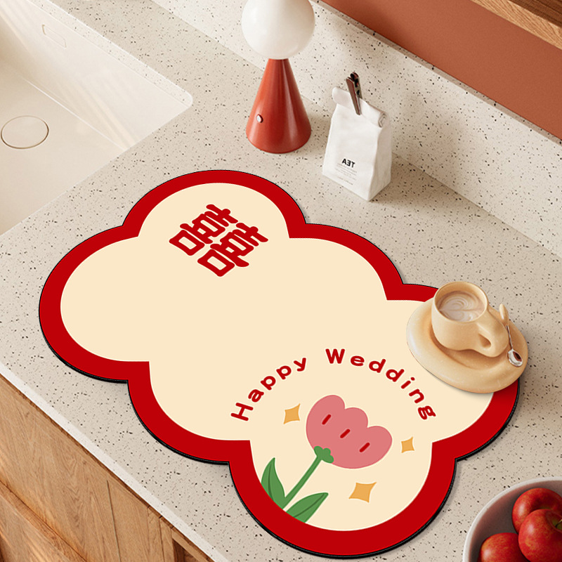 Spot Goods Double Happiness Science and Technology Advanced Velvet Water-Absorbing Quick-Drying Mat Household Kitchen Countertop Water Draining Pad Table Insulation Mat Easy to Handle