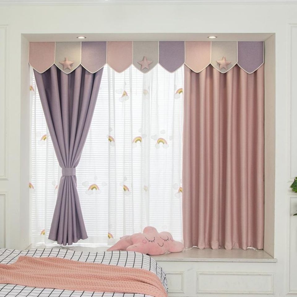 窗帘年新款全遮光卧室飘窗粉色短帘儿童房公主房女孩窗幔帘头