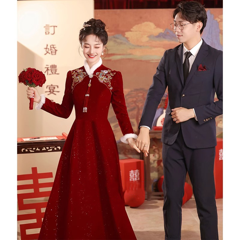 敬酒服新娘2024新款红色长款结婚新中式旗袍订婚礼服裙女长袖加绒