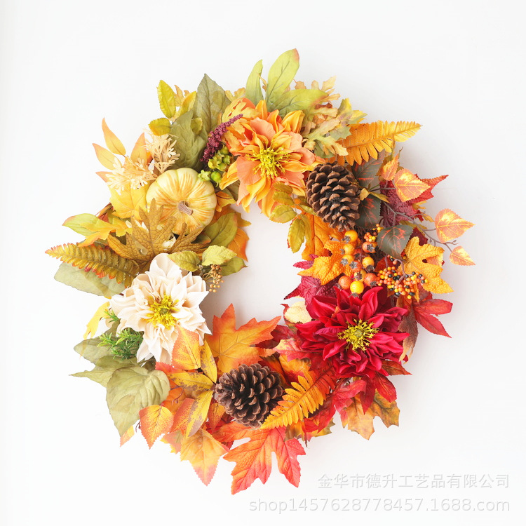 Cross-Border E-Commerce Amazon Thanksgiving Harvest Festival Maple Leaf Pumpkin Pine Cone Autumn Flower Vine Ring Garland Home Decoration