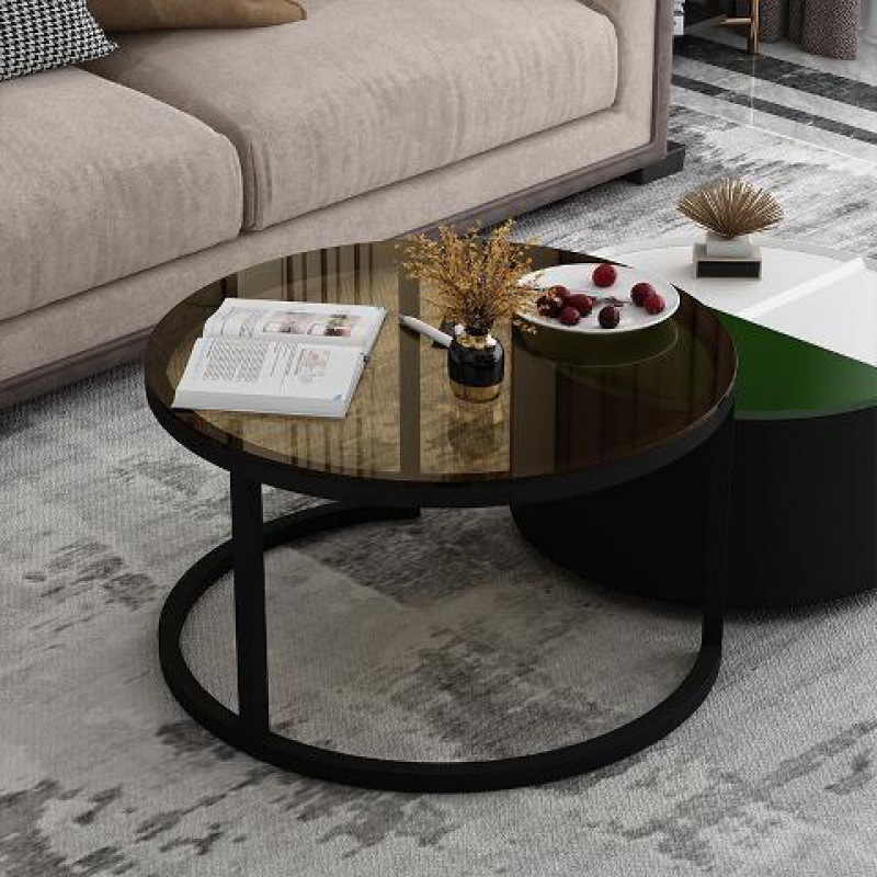 Nordic Coffee Table Living Room Modern Minimalist Retractable Combination round Tea Table Tempered Glass Creative Iron Coffee Table Side Table