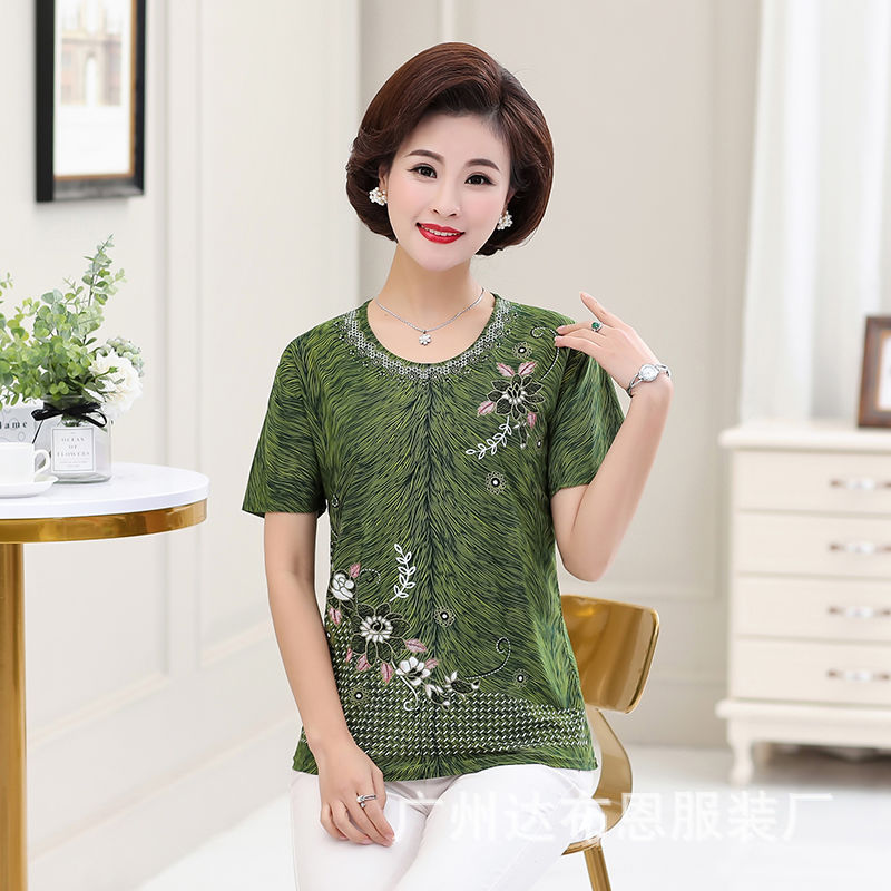 Middle-Aged and Elderly Women's Tops Mother Loose Clothes Old Lady Grandma Short-Sleeved T-shirt Old One Piece Dropshipping