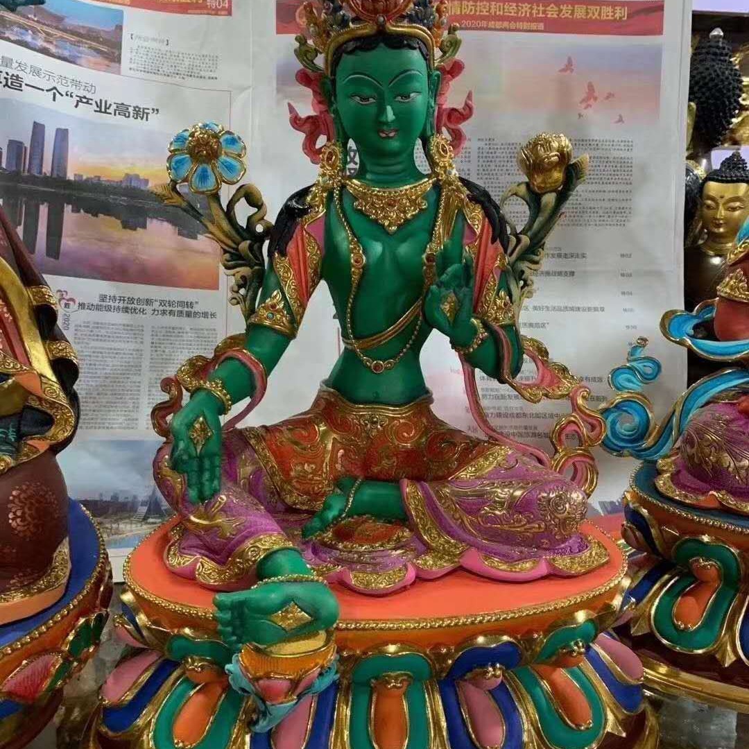 纯铜古彩绿度母佛像多罗菩萨观音绿度母主尊保平安密宗铜佛像-阿里巴
