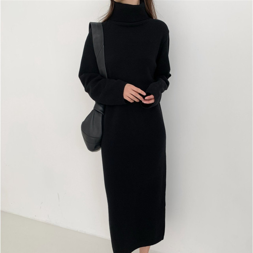 Hong Kong Style Cashmere Autumn and Winter Dress Women's Long over-the-Knee Sweater Dress Loose Turtleneck Bottoming Knitted Thickened Long Skirt