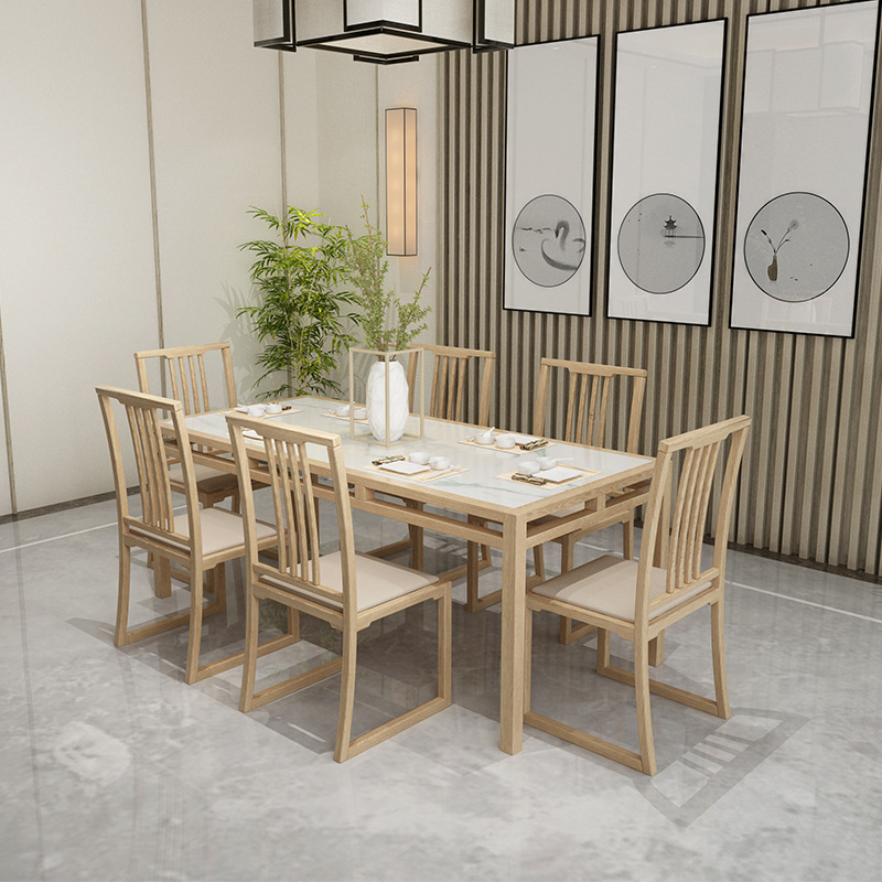 新中式餐桌椅组合大理石轻奢实木6人长方形饭桌 酒店饭店工程饭桌