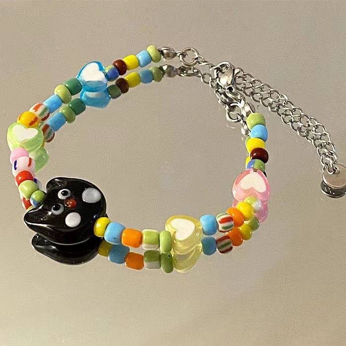 Cute Cartoon Cat Sweet Loving Heart Beaded Bracelet Female Summer Ins Special-Interest Design Girlfriends Couples Bracelet