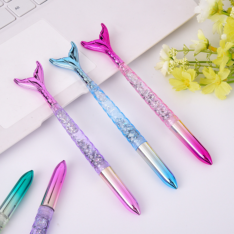 美人鱼圆珠笔电镀透明流沙七彩鱼尾笔散粉流沙入油创意造型笔