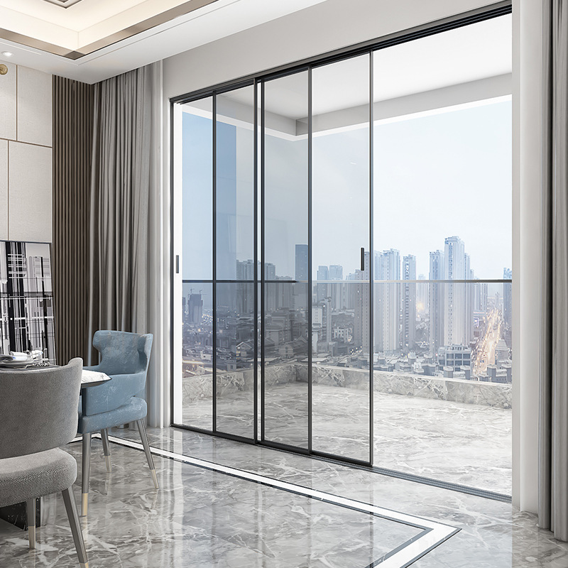 极简三联动玻璃门推拉门厨房北欧窄边推拉门阳台门客厅轻奢门
