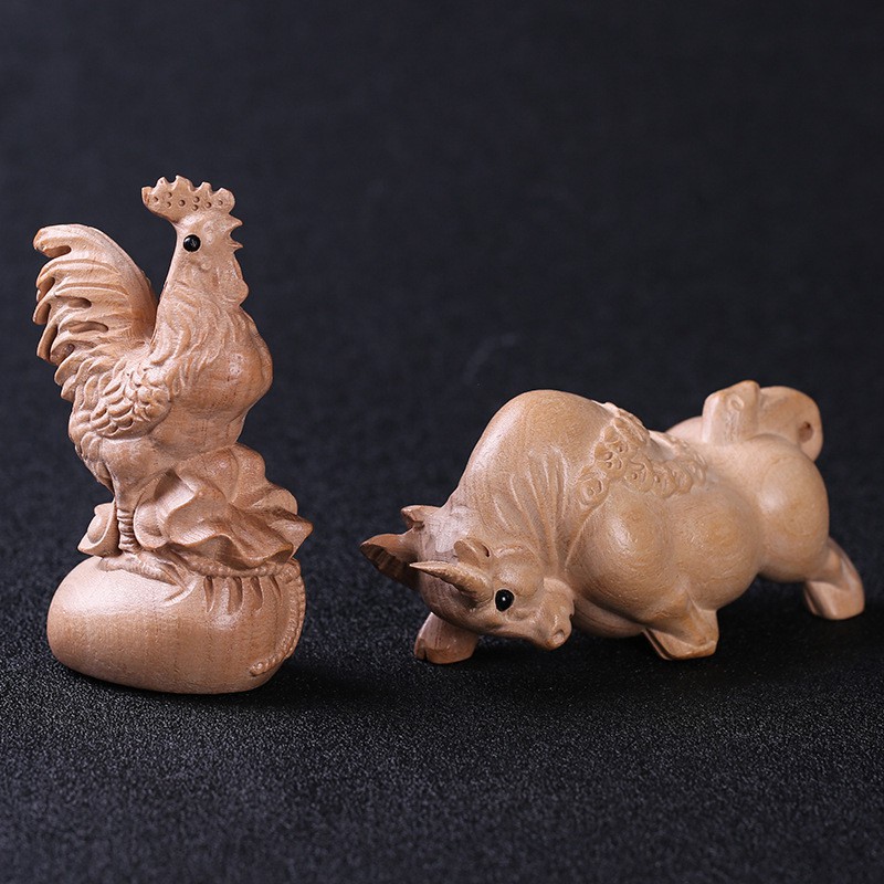 2022年生肖属蛇牛鸡迎碌桃木摆件工艺品蛇鸡牛三合贵人家居装饰品