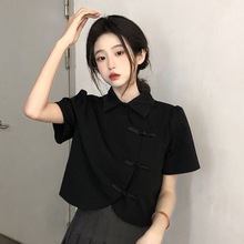 新中式改良版旗袍短款上衣夏季女装2024年新款不规则法式短袖衬衫
