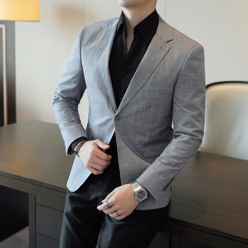 双开衩西服外套男欧洲站秋季高端休闲格子印花单西男士小西装大码
