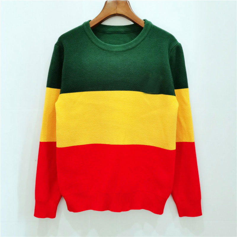 秋冬新款欧美风圆领时尚高端长袖减龄红黄绿拼色气质针织衫女装潮