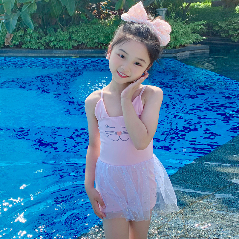 儿童泳衣女童连体吊带纯色可爱公主裙式宝宝小童泳装温泉泳衣批发