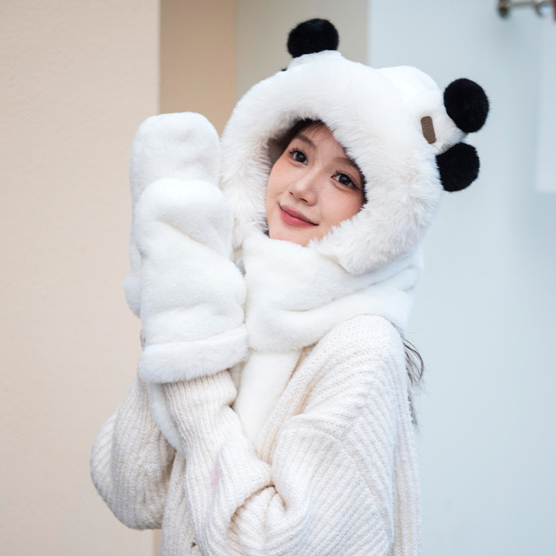 Xingdai Dew Rabbit Ears Scarf Gloves Hooded Three-Piece Winter Plush Cute Warm Scarf Integrated with Hat Wholesale