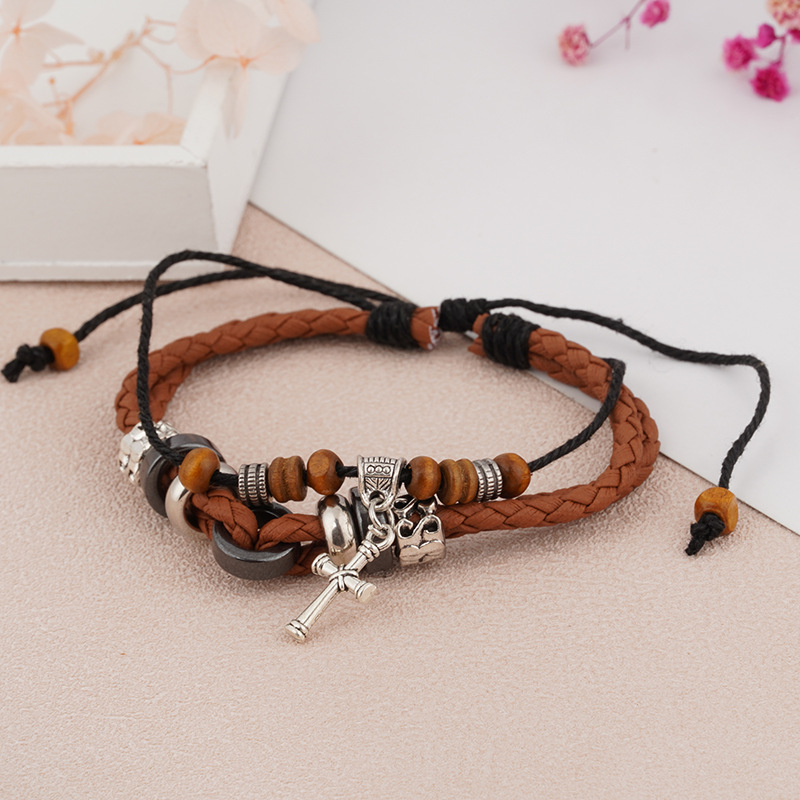 European and American Leisure Vintage Cowhide Hand Weaving Bracelet British Style Men and Women Jewelry Fashion All-Match Cross Leaves