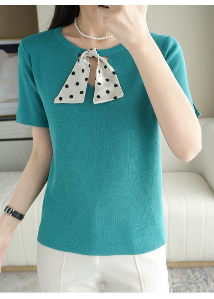 夏季新款冰丝曲珠短袖圆领宽松t恤女纯色套头针织半袖打底衫薄款