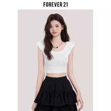 Forever21纯欲白色泡泡袖短款上衣女大圆领露脐小飞袖修身显瘦T恤