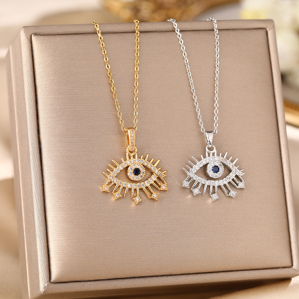 跨境亚马逊18k镀金项链女锁骨链彩色锆石蓝眼睛吊坠恶魔之眼饰品