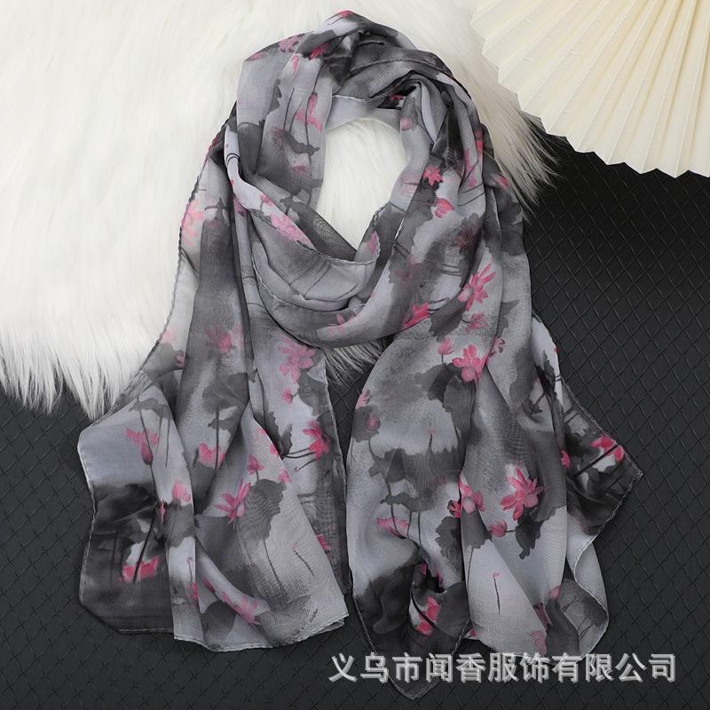 Lotus Printed Silk Scarf Women's Chiffon Scarf Wholesale Spring and Summer Sunscreen Shawl Autumn and Winter Warm Scarf Scarf Scarf