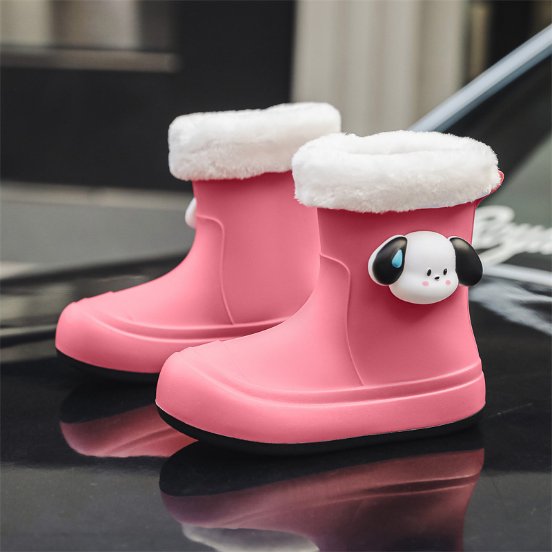 Children's Rain Boots Cute Student Rain Boots Waterproof Non-Slip Big Children Parent-Child Rain Boots Winter Fleece-lined Warm Rain Shoes Girls