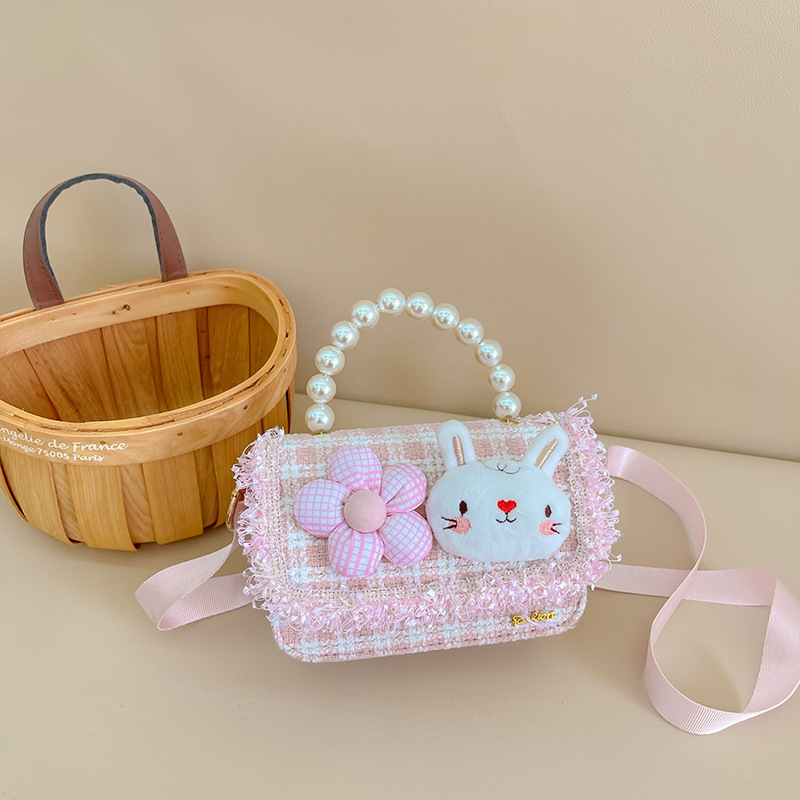 Fashion Children's Trendy Bags Women's Plaid Pearl Tote Cute Cartoon Rabbit Shoulder Bag Crossbody Small Square Bag