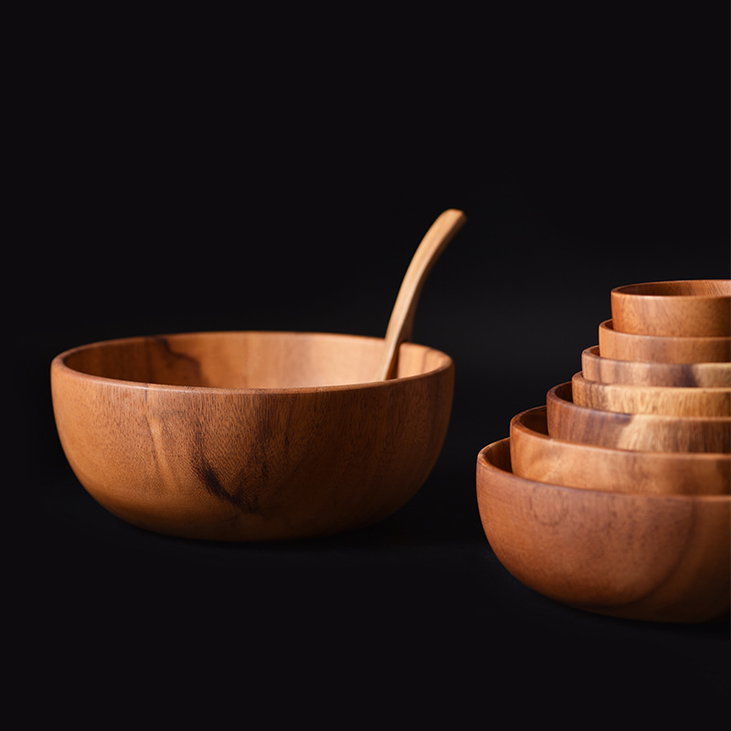 round Wooden Bowl Spot Factory Direct Sales Acacia Mangium Salad Bowl Wooden Creative Rice Bowl Quantity Discounts