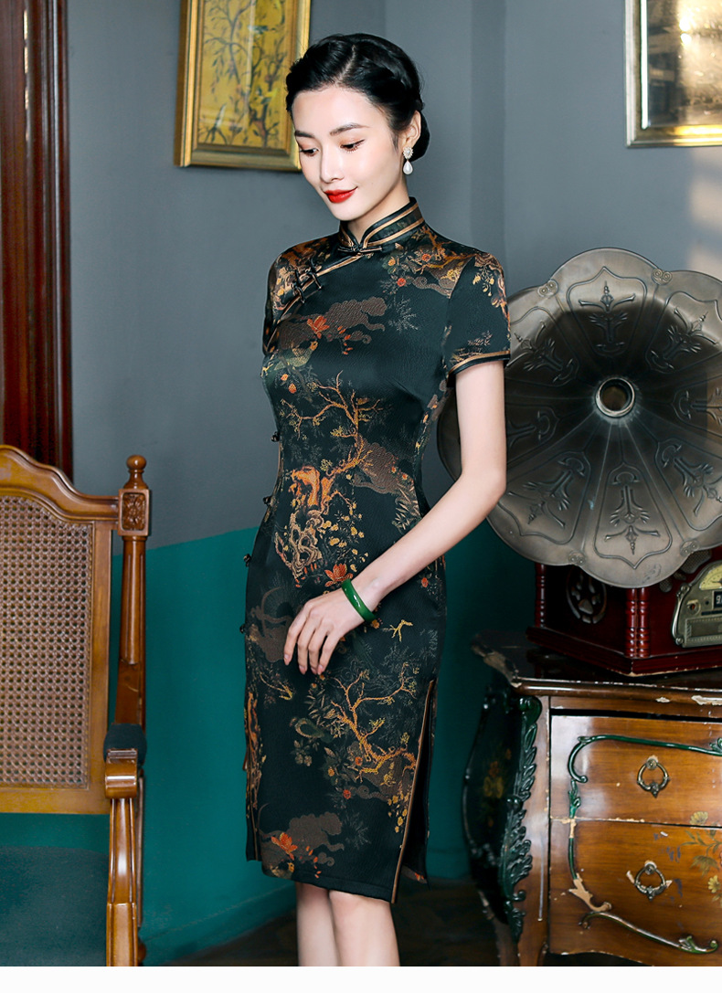 真丝珍珠缎高端旗袍夏2021年中长款新款时尚气质女高贵连衣裙旗袍