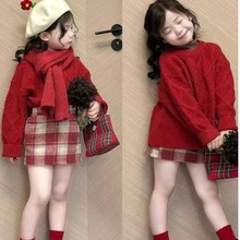 2023女童秋冬红色毛呢格子包臀裙韩版儿童洋气半身裙女孩高腰短裙
