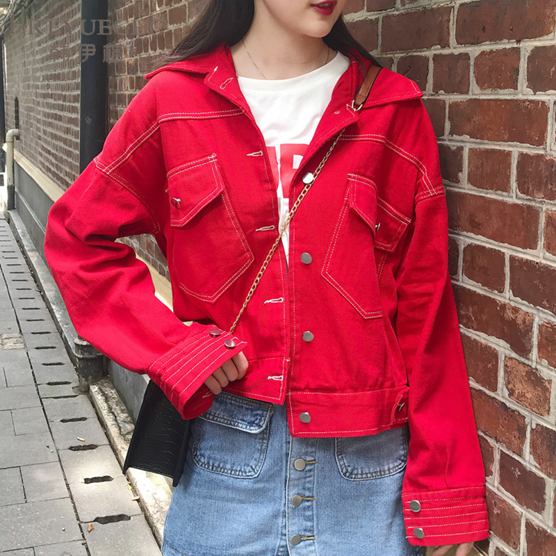 原宿风牛仔外套女春秋季宽松短款学生百搭显瘦上衣红色外搭夹克衫