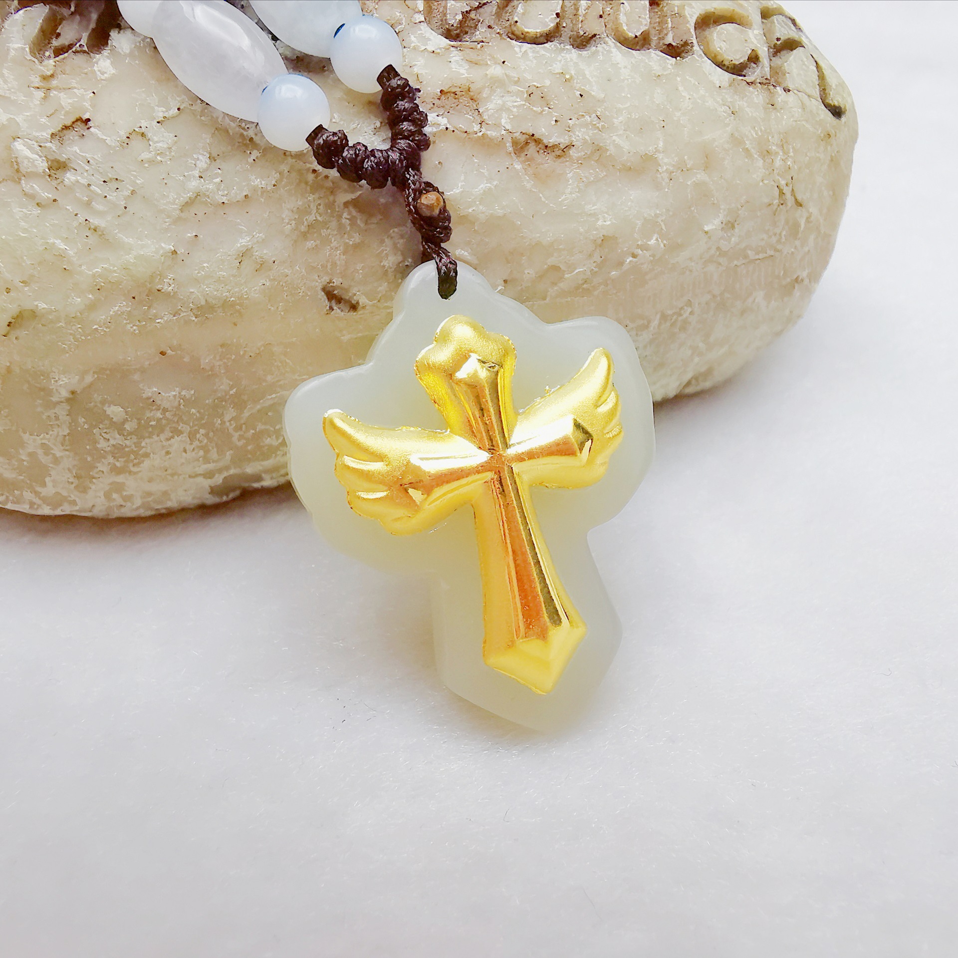 3d金镶玉十字架吊坠和田玉项链玉器玉坠白玉玉石批发基督耶稣礼品