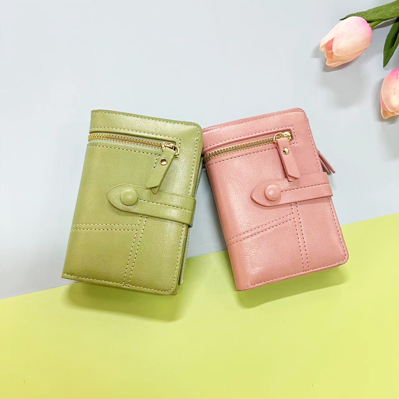 2023 New Women's Short Wallet Japanese Style Pu Leather Short Zipper Coin Purse Three-Fold Wallet in Stock Wholesale