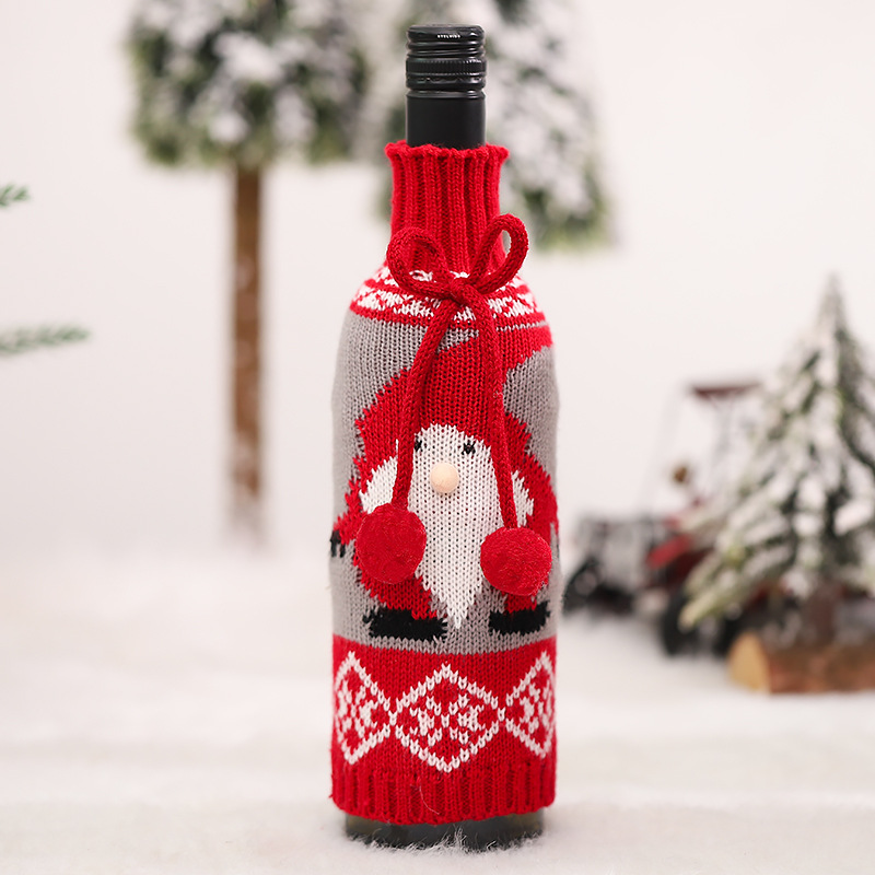 Cross-Border New Christmas Decorations Creative Bowknot Knitted Faceless Old Man Doll Wine Bottle Cover Dining-Table Decoration